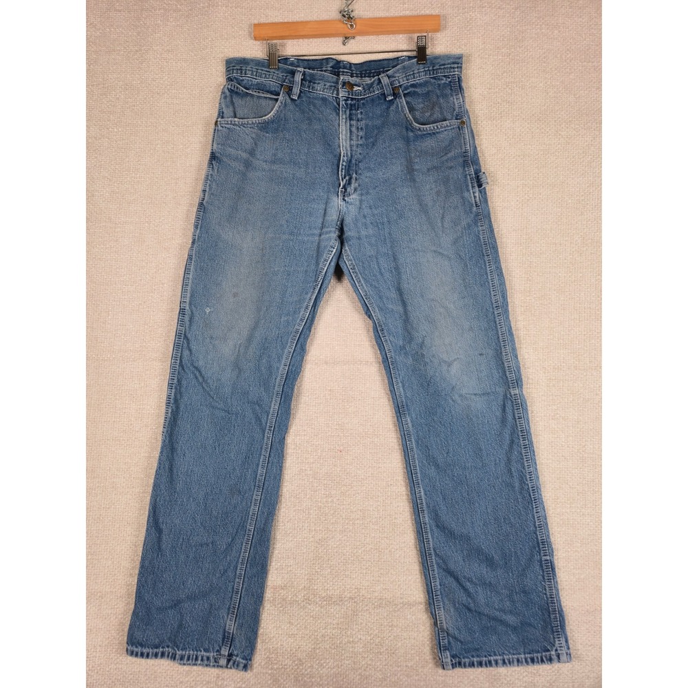 VTG Key Industries Carpenter Work Pants Light Blue Denim Stained Thrashed 36x33